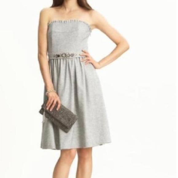 Banana Republic Gray Wool Jewel Yellow Wide Straps Dress Belted Petite 4P - Picture 3 of 16